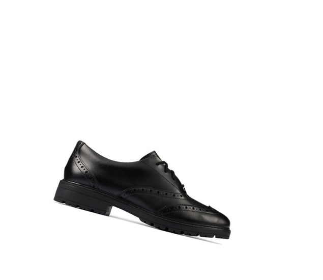 Chaussures D'école Clarks Loxham Cuir Fille Noir | YXDJ25083