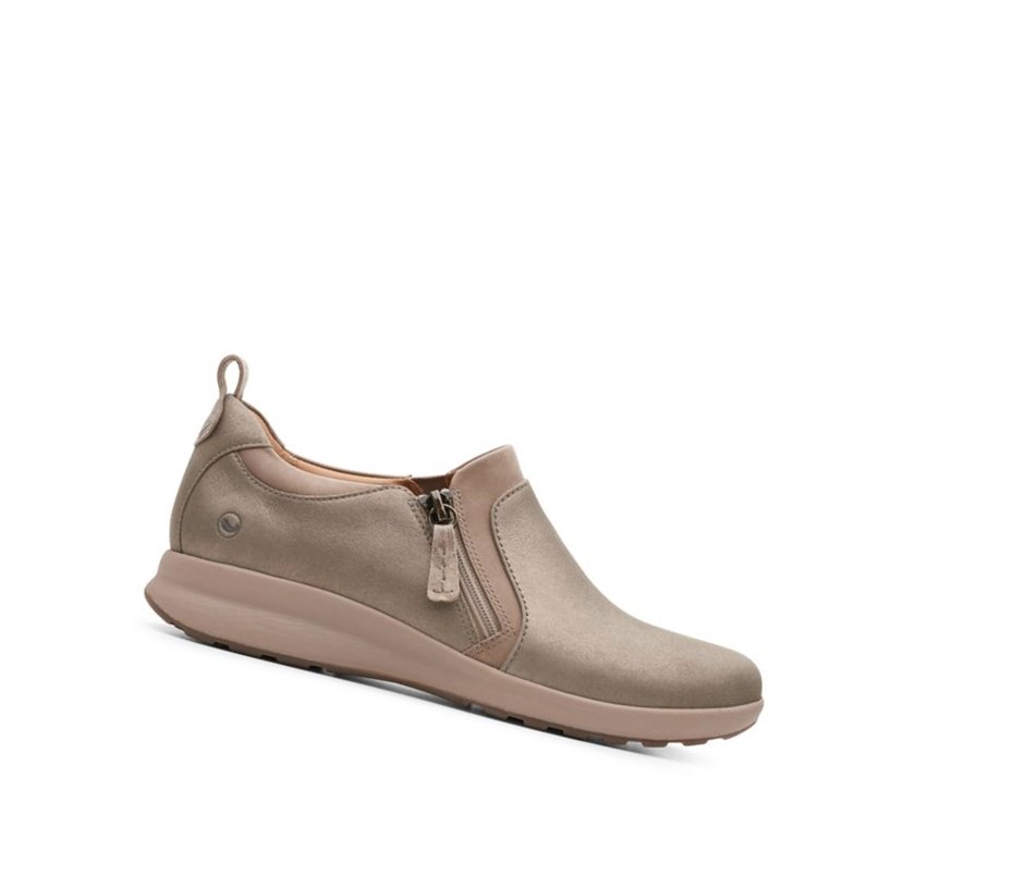 Chaussures Cuir Clarks Un Adorn Zip Cuir Larges Fit Femme Beige | SXWC79264