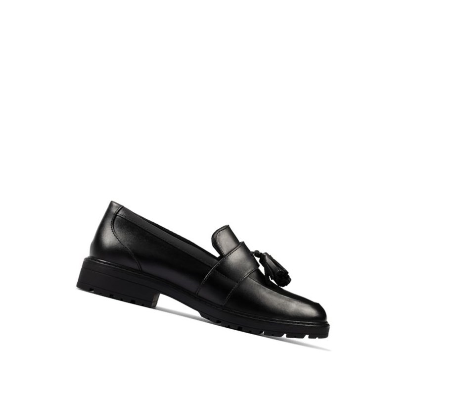 Chaussures Slip On Clarks Loxham Cuir Fille Noir | GCUZ84370