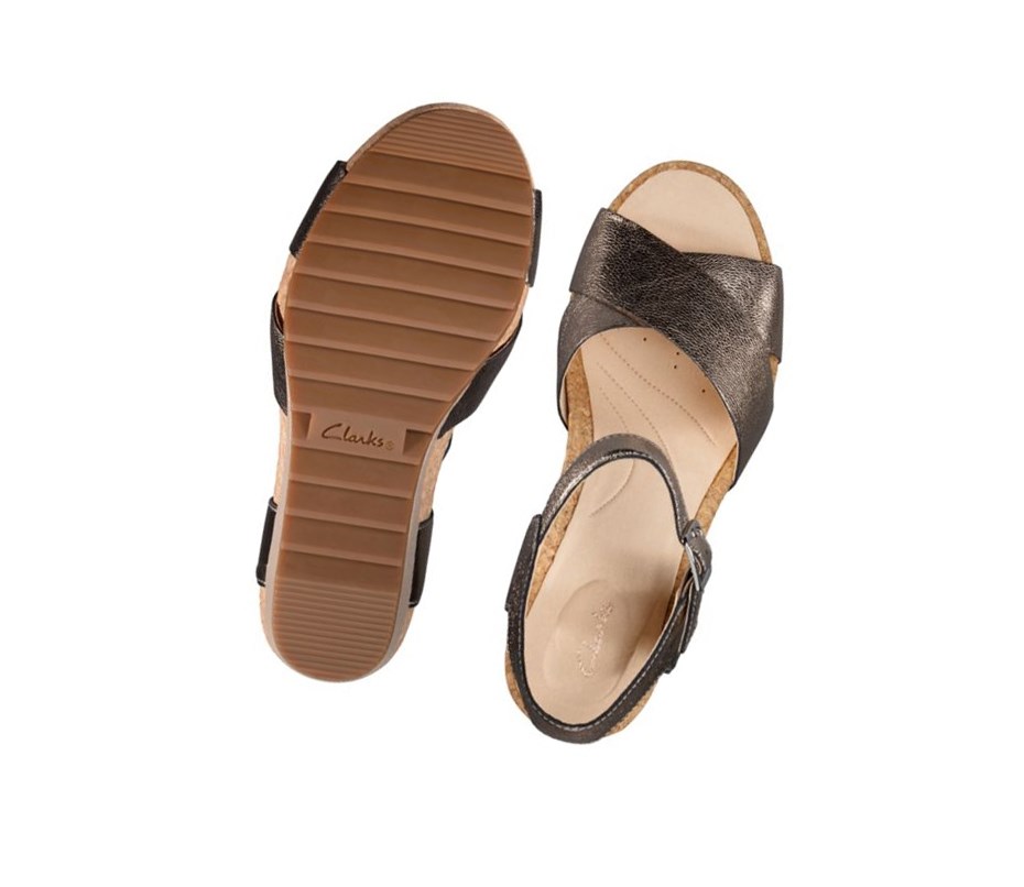 Sandales Compensées Clarks Flex Sun Cuir Femme Doré | DUOT72916