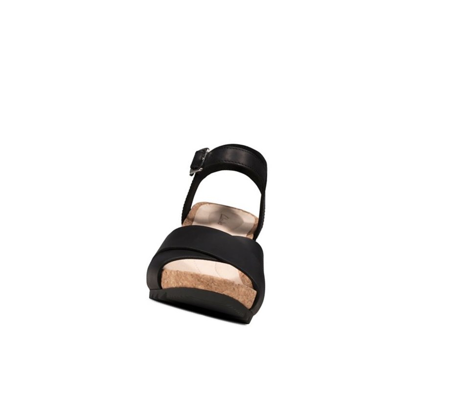 Sandales Compensées Clarks Flex Sun Cuir Femme Noir | NUEB68491