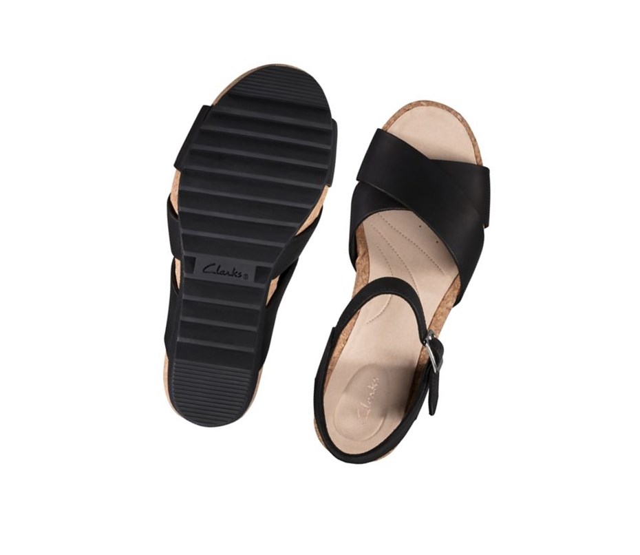 Sandales Compensées Clarks Flex Sun Cuir Femme Noir | NUEB68491